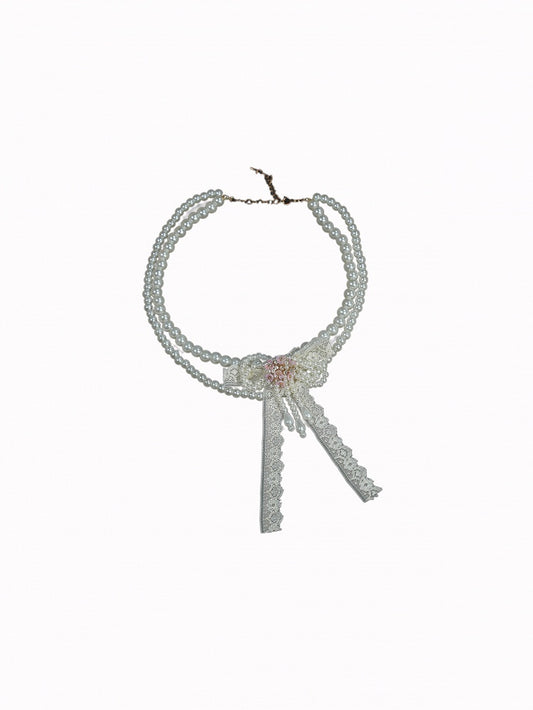 White Necklace Lace Beaded Bow with
