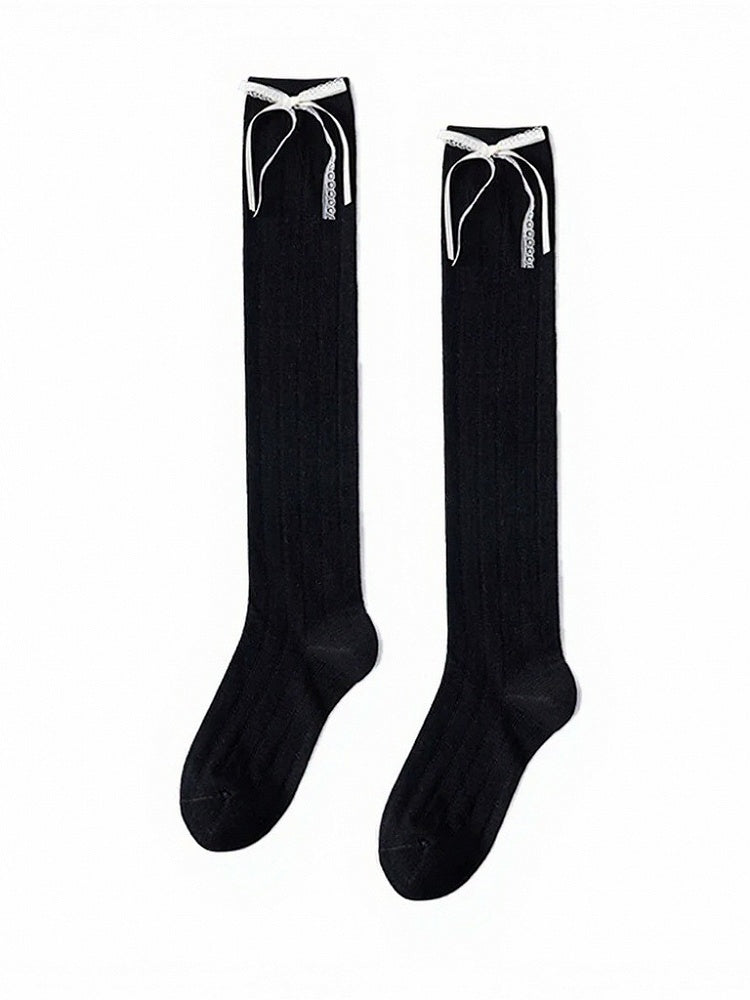 Striped Calf Socks with White Bowknot - ModaSwings