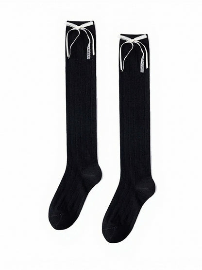 Striped Calf Socks with White Bowknot - ModaSwings