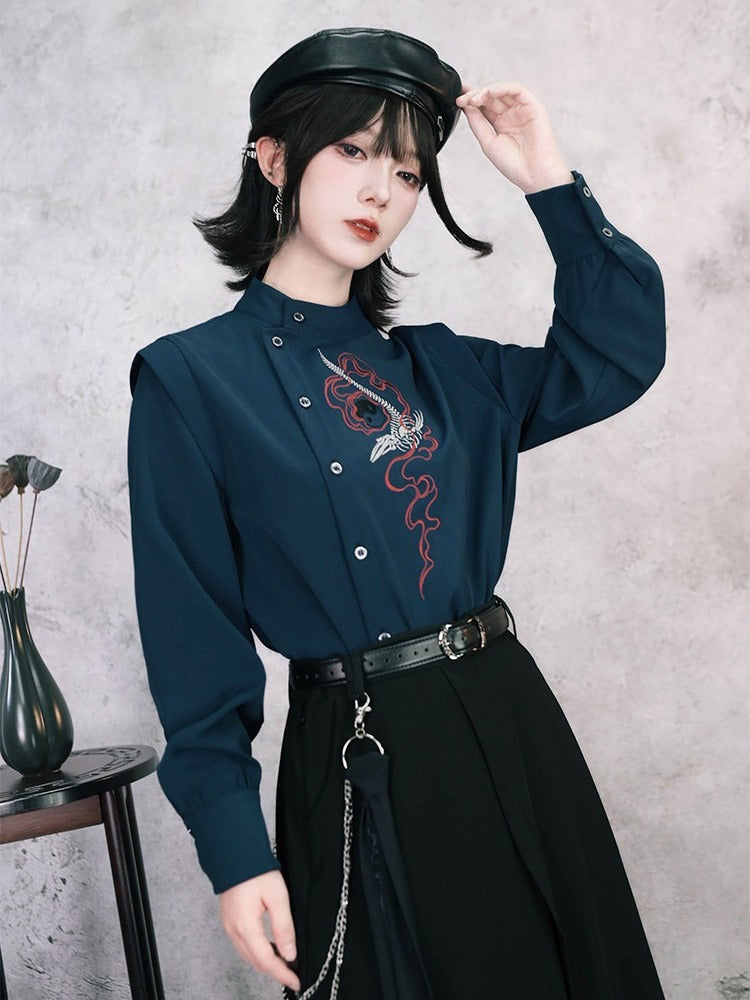 Navy Stand-Collar Asymmetric Shirt with Skeleton Whale Embroidery - Quirky Hut