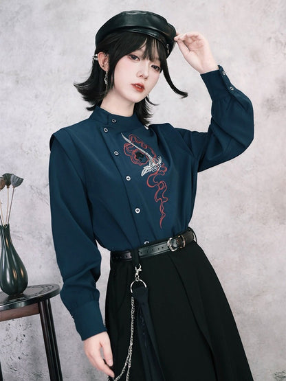 Navy Stand-Collar Asymmetric Shirt with Skeleton Whale Embroidery - Quirky Hut