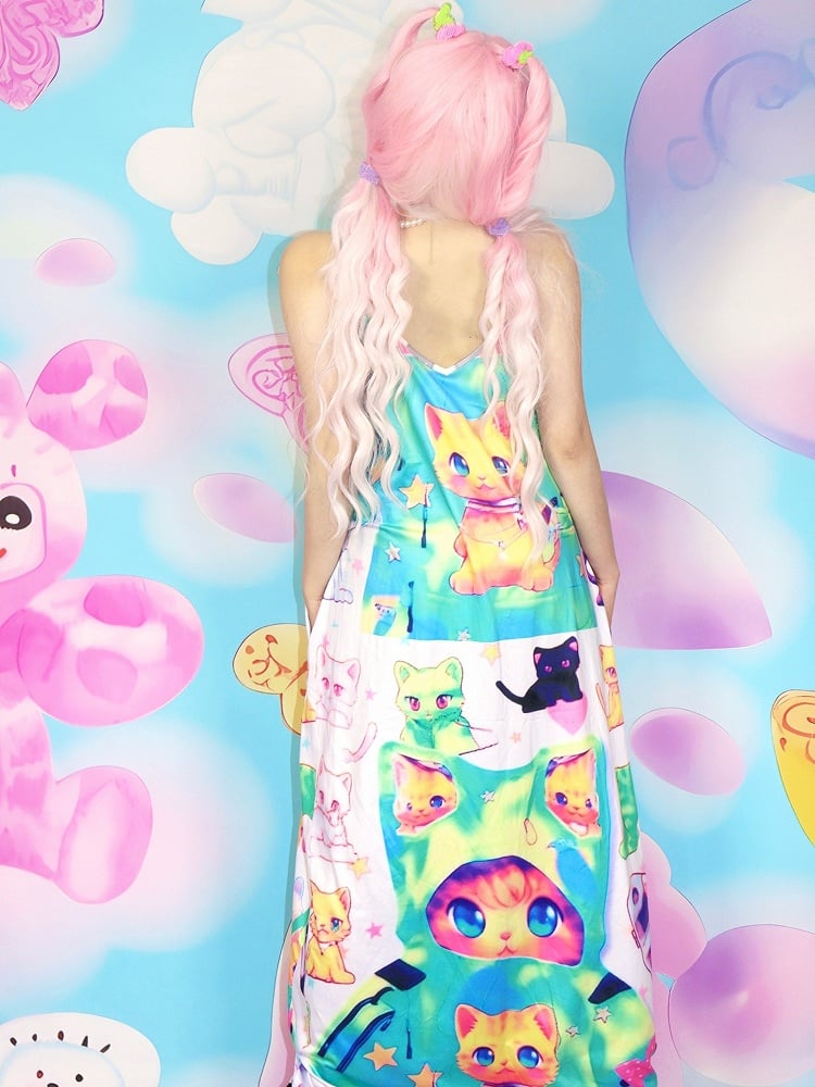 Y2K Print Cat Cami Colorful Dress