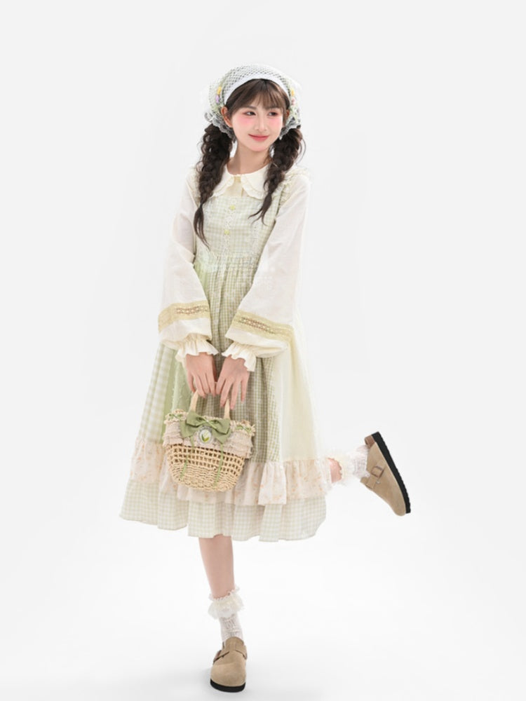 Light Sleeves	Tiered Mori Kei Green Plaid Flutter Skirt Sleeveless Dress