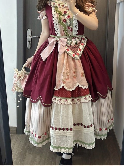 Wine Red Plaid Apron with Strawberry Embroidery - Unfinished Fairy Tales