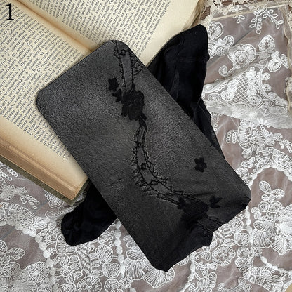 Black Floral Underknee Socks/Bowknot Trims Pattern Tights/Lace Leg Stockings/Tulle Loop