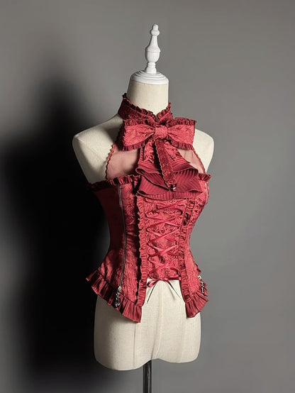 イリュージョン ノースリーブ ボウトップ ホルターネック ビッグレッド