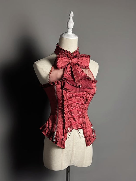 イリュージョン ノースリーブ ボウトップ ホルターネック ビッグレッド