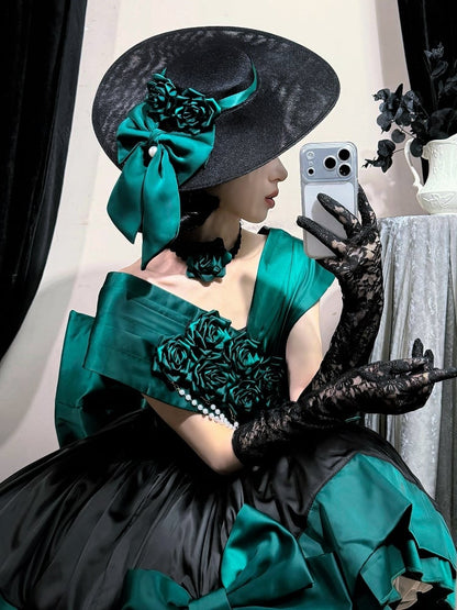 Green Black Roses Off-Shoulder Boned Lolita Set - Treasure Box Factory