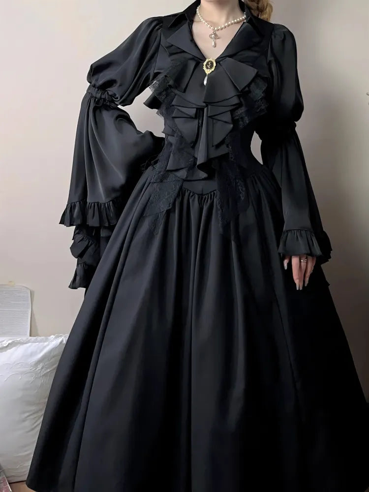 Schwarz / Dunkelblaues Aristocrat Gothic Hemd mit langen Glockenärmeln