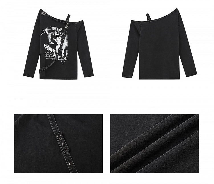 Cutout Schulter Top Y2K Punk Schwarz Asymmetrisch