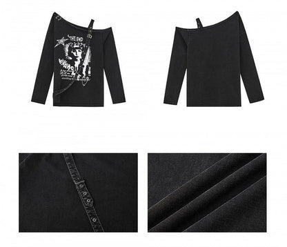 Cutout Schulter Top Y2K Punk Schwarz Asymmetrisch