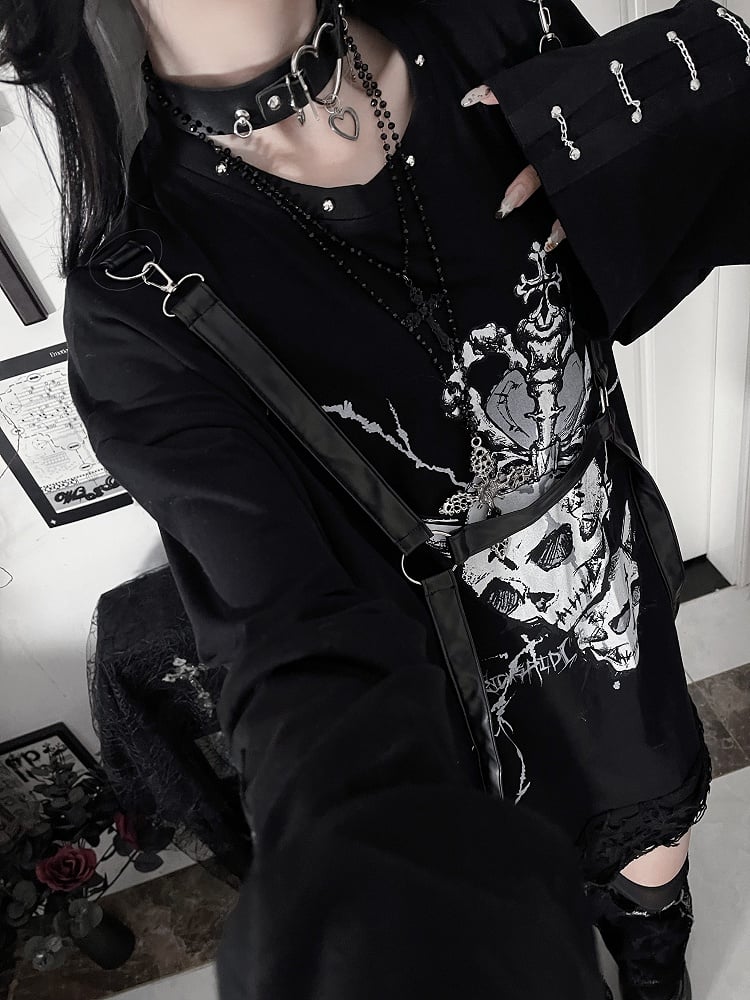 Punk Straps Heart Accents Top Print Long-Sleeve Black Gray Chain Cuff PU with Subculture