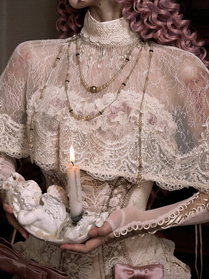 Lace Shawl Collar Cape Light Tassels Victorian Cream High Bead