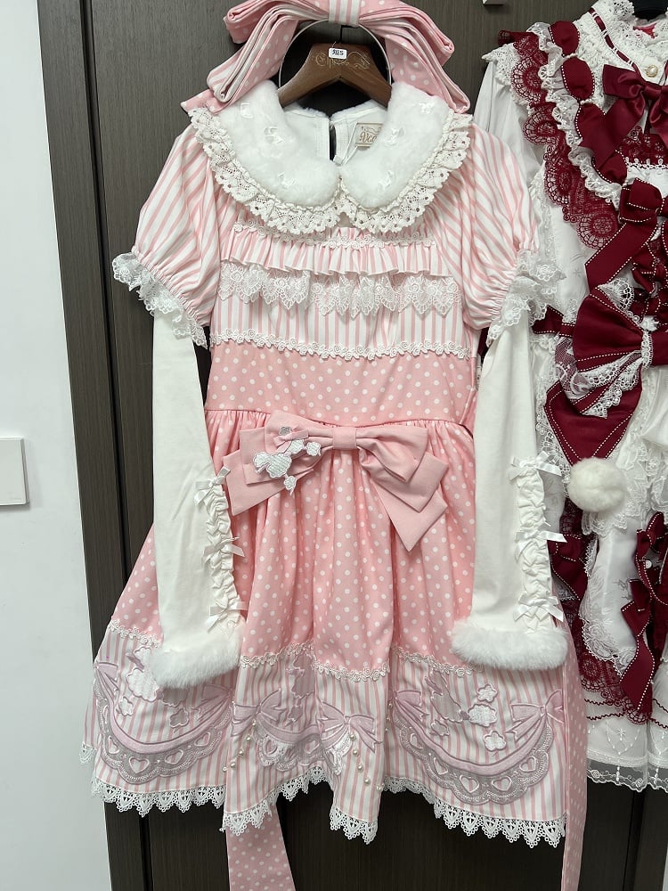 Polka Dot & Striped Pink Lolita Short Sleeve Dress with Poodle Patch - Infanta