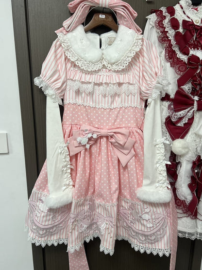 Polka Dot & Striped Pink Lolita Short Sleeve Dress with Poodle Patch - Infanta