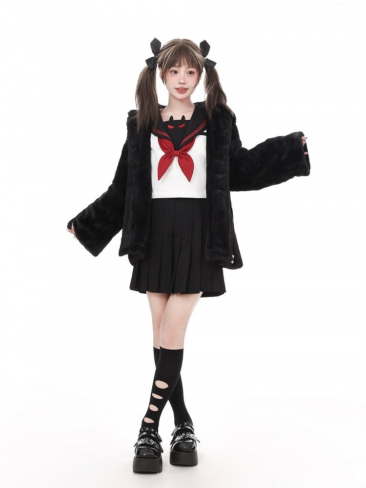 Hooded Fleece Bunny Ears Black Lining Coat