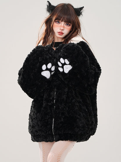 Schwarzer Fleece-Kapuzenpullover mit süßem Katzenkopf und Reißverschluss
