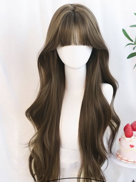 Perücke mit 65–70 cm gewelltem, luftbraunem, langem Pony