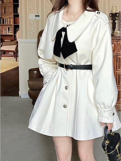 Apricot V-Neck Bow Design Coat with Belt Set - Qchiwawameme