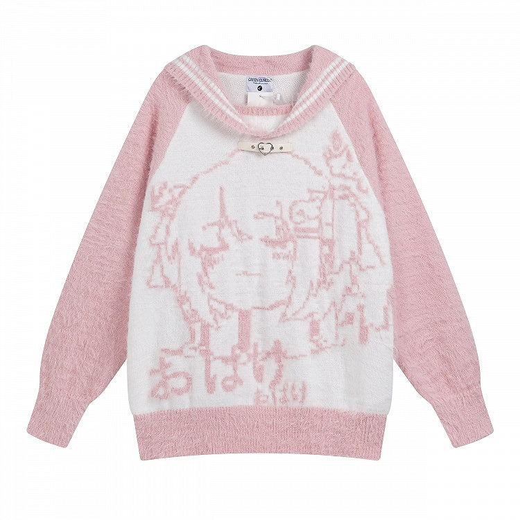 Plush Oversized with Girl Sweater Design Collar - Black/Blue/Pink Fit Cartoon Sailor