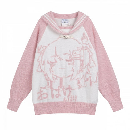 Plush Oversized with Girl Sweater Design Collar - Black/Blue/Pink Fit Cartoon Sailor
