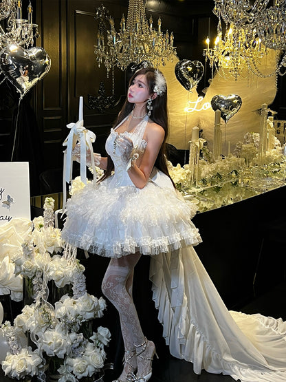 Weißes Hanayome Lolitacore-Kleid mit Neckholder und baskischer Taille zum Selbstbinden