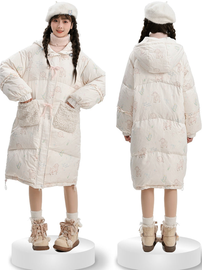 Süße weiße Daunenjacke mit Kapuze und Lamm-Print, kurze/lange Version