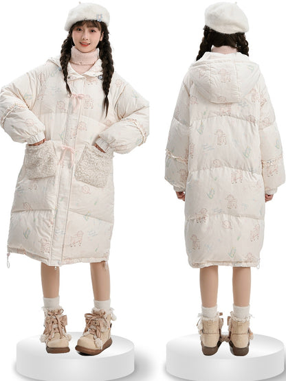 Süße weiße Daunenjacke mit Kapuze und Lamm-Print, kurze/lange Version