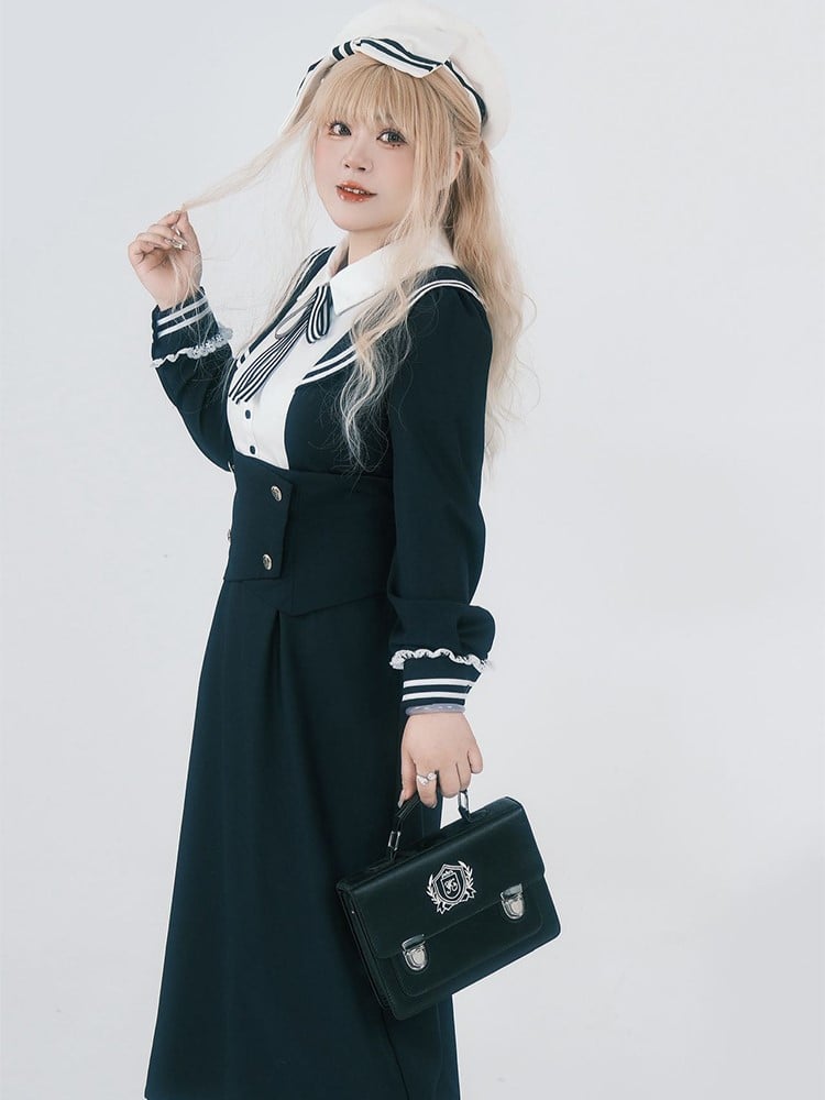 Midi JK Dress Size Striped Uniform Accents Preppy Black with Faux Plus Collar Two-Piece Sailor