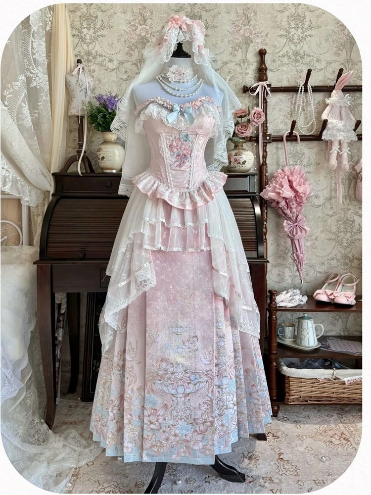 Floral Embroidered Fishbone Bodice Top & Mamian Skirt Set in Modern Chinese Style - San Sheng Du