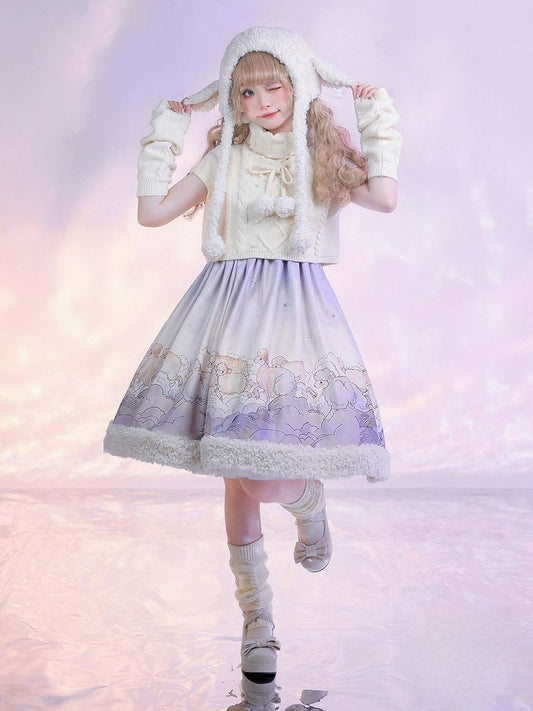 Lolita Top Knit Sheep Winter and Print Set Sleeves Dress Cloud Sweet for Autumn Purple +