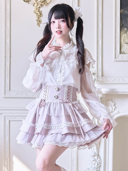 Rhinestone Design Tiered Embellishments Skirt Pink and Jirai High Lace-up Kei Front with Waist