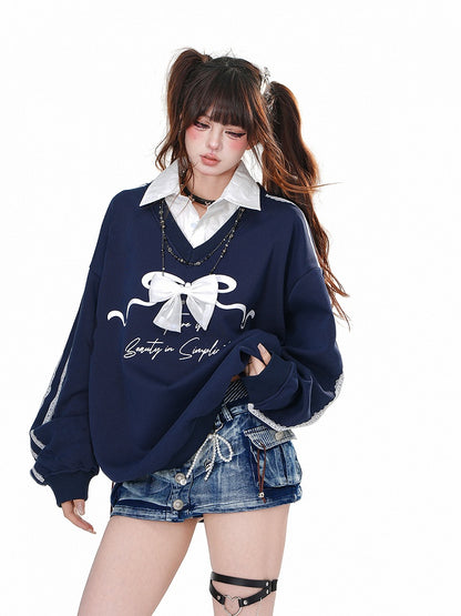 Marineblaues zweiteiliges Sweatshirt mit Polokragen und abnehmbarer Schleife