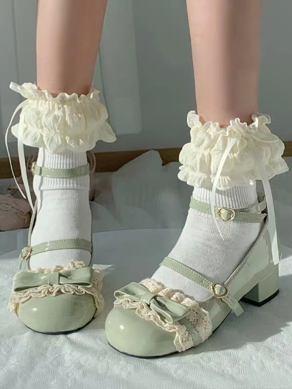 Lace Shoes Low Mary Jane PU Green - with Lolita Heel Leather Detail