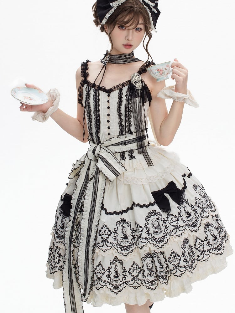 Lolita with Edge Scalloped Layered Elegant Trim Black Rabbit Pattern White Skirt