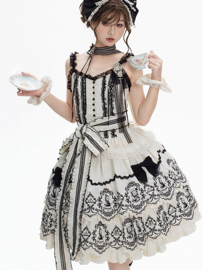 Lolita with Edge Scalloped Layered Elegant Trim Black Rabbit Pattern White Skirt