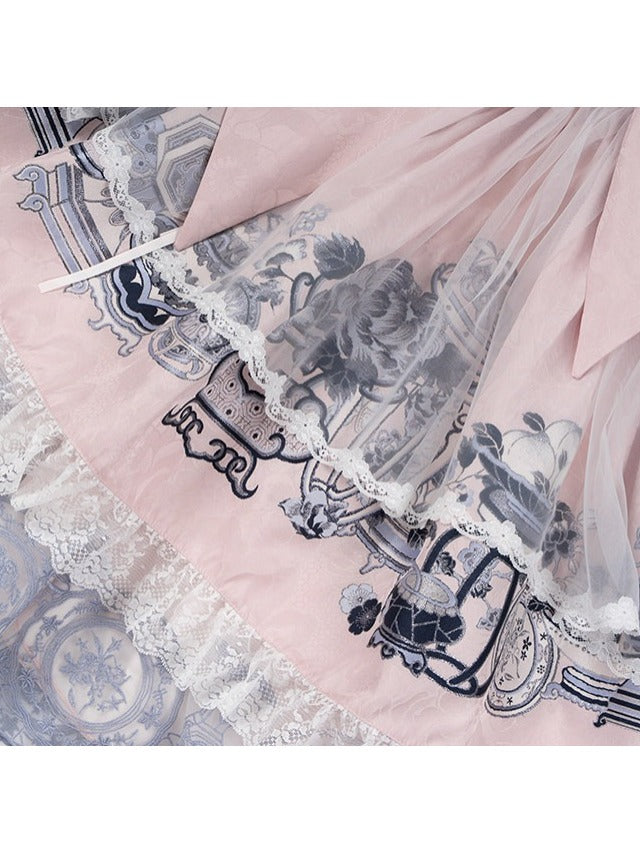 Elegant Pink Porcelain Lolita JSK with Flutter Sleeves & Floral Embroidery - Yimu Walnut