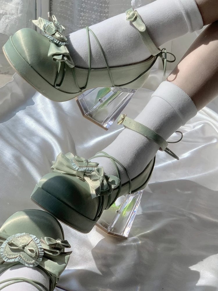 with Green Bow PU - Janes Leather Floral High-heel Mary Lolita Elegant