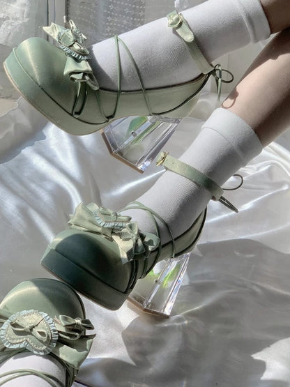 with Green Bow PU - Janes Leather Floral High-heel Mary Lolita Elegant