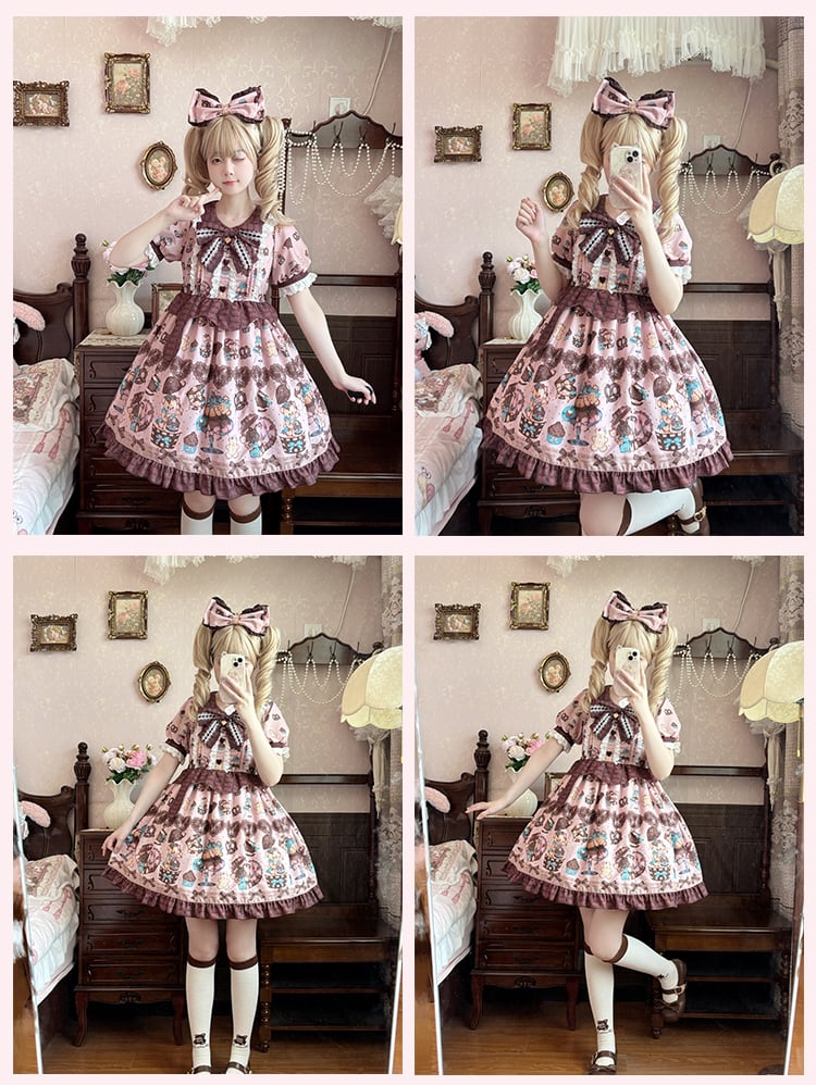 Piece Pink Lolita Dress One Vintage Teddy Bear Print Sweet Light