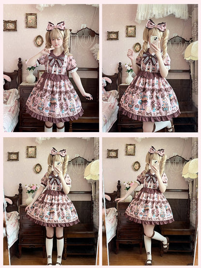 Piece Pink Lolita Dress One Vintage Teddy Bear Print Sweet Light