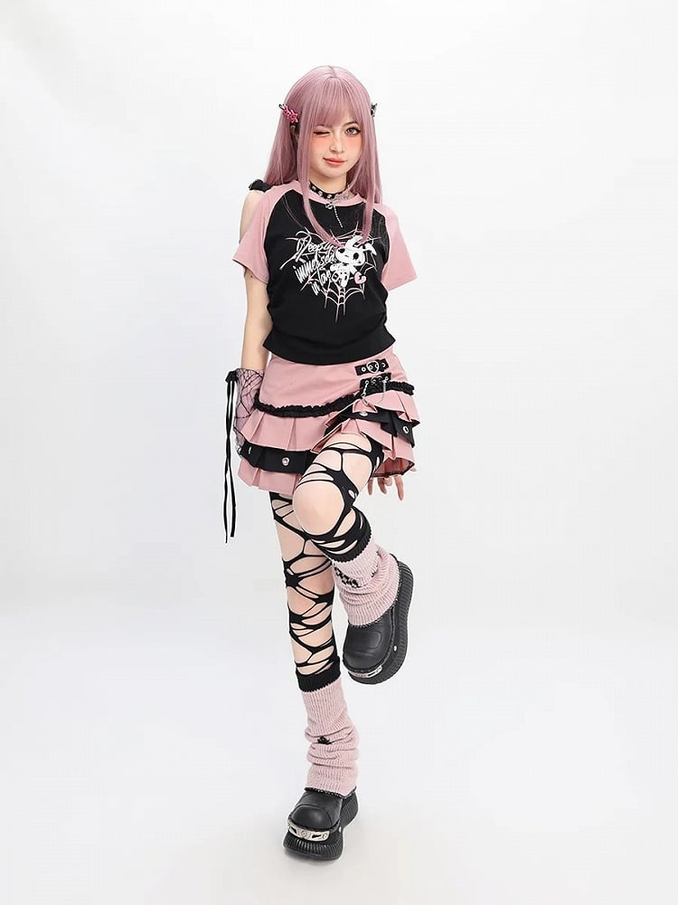 Kostenloses Rot/Pink/Lila mit T-Shirt-Print-Ärmeln Y2K Cutout-Schulter-Spinnennetz