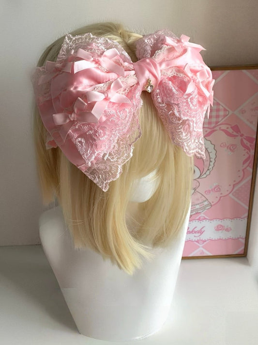 Oversized Black Sweet Bowknot Dreamy Doll-Style Lace / Pink Hairclip