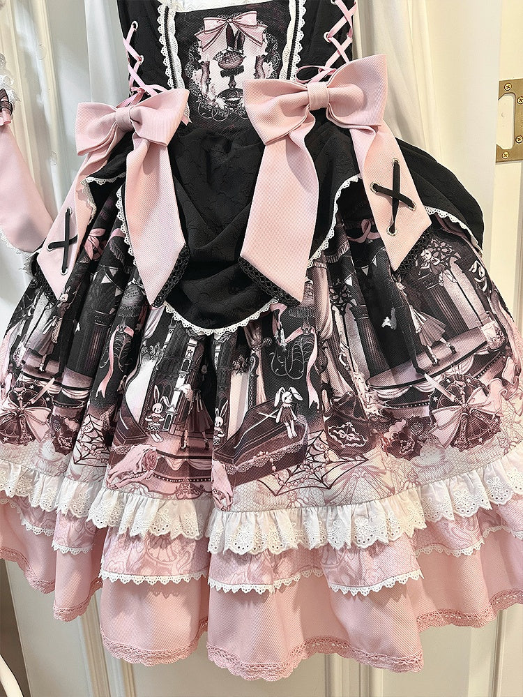 Süßes Lolita-Kleid mit Hasen- und Sargmotiv in Schwarz und Rosa
