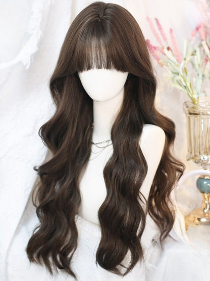 Gewellte Taille 65–70 cm, schwarze Länge, Luftperücke, Tee mit Pony