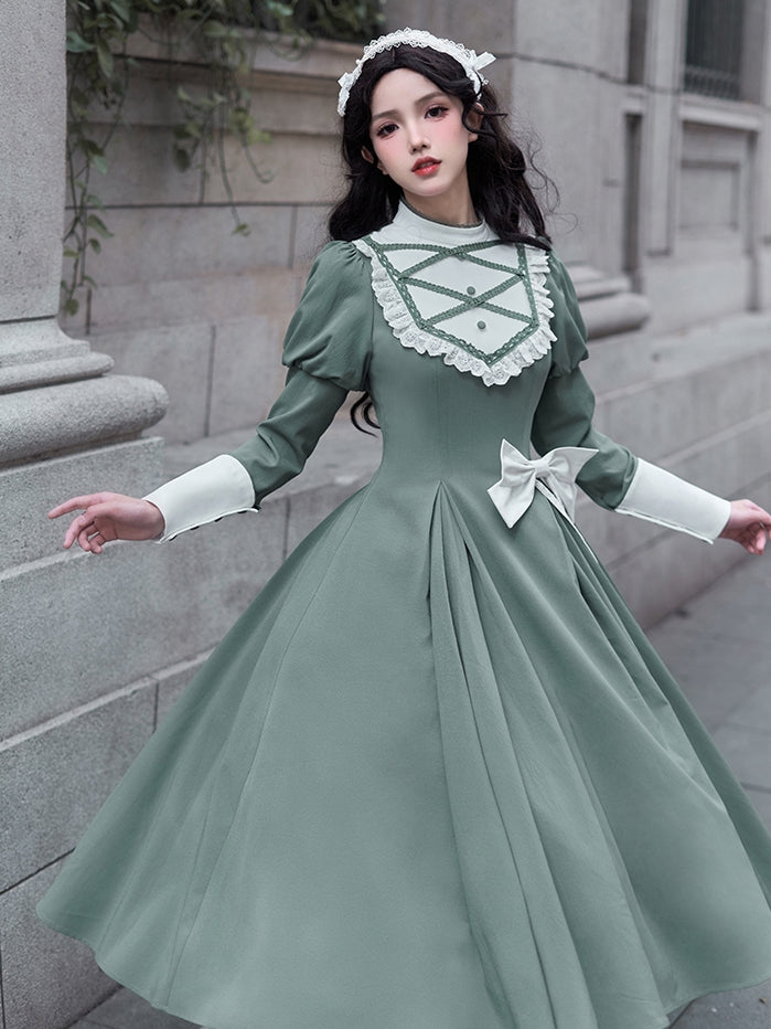 Grünes elegantes Juliette-Ärmelkleid Nonne Lolita Langarm Einteiler