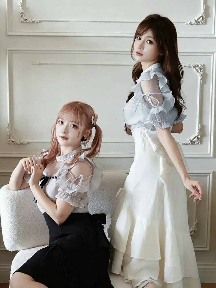 Plus Size Blue Seiso-kei Cutout Shoulder Blouse with Tulle Panel and Ruffle Accents - Smyster