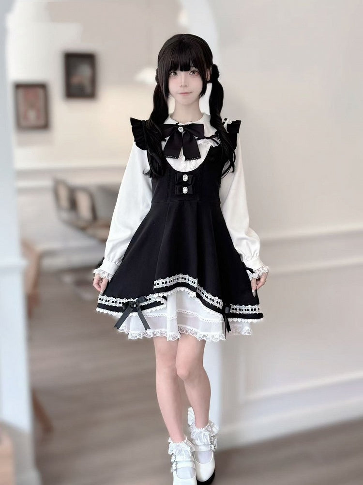 Schwarzer Jirai Kei-Stufenrock mit Schleifen am Saum des Kleides