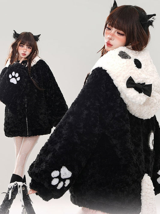 Black Cute Kitty Head Hood Fleece Zip Hoodie