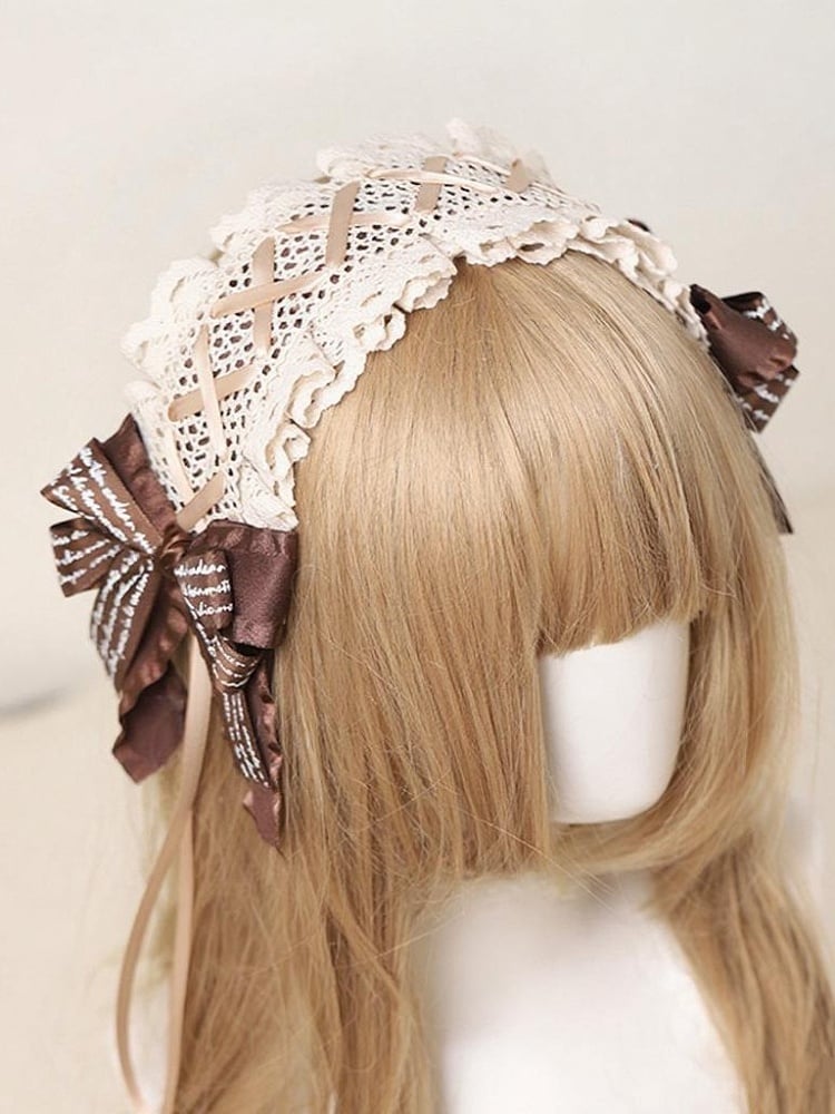 Sweet Brown White Lolita Hairband Crossed Lace